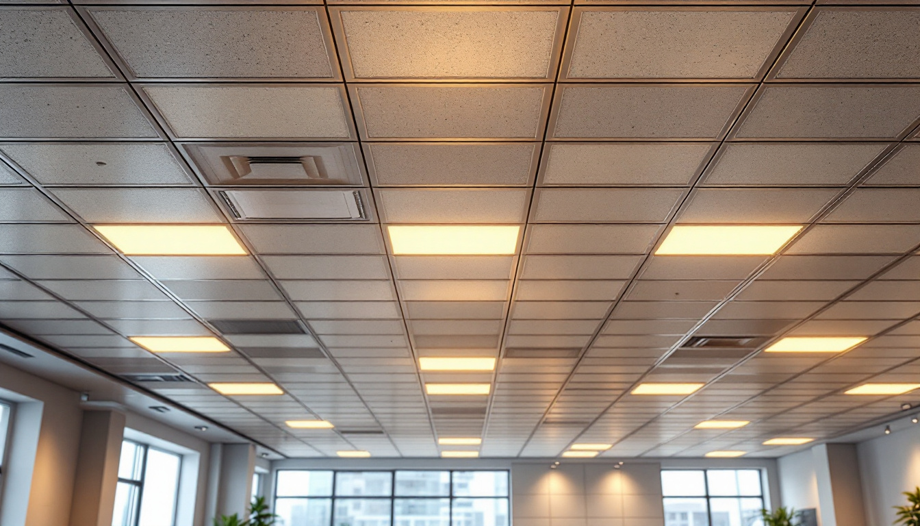 A photograph of a well-lit commercial space featuring a drop ceiling with stylish light covers