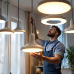 A photograph of a modern lighting contractor installing or showcasing an array of stylish ufo led lamps in a well-lit residential or commercial space