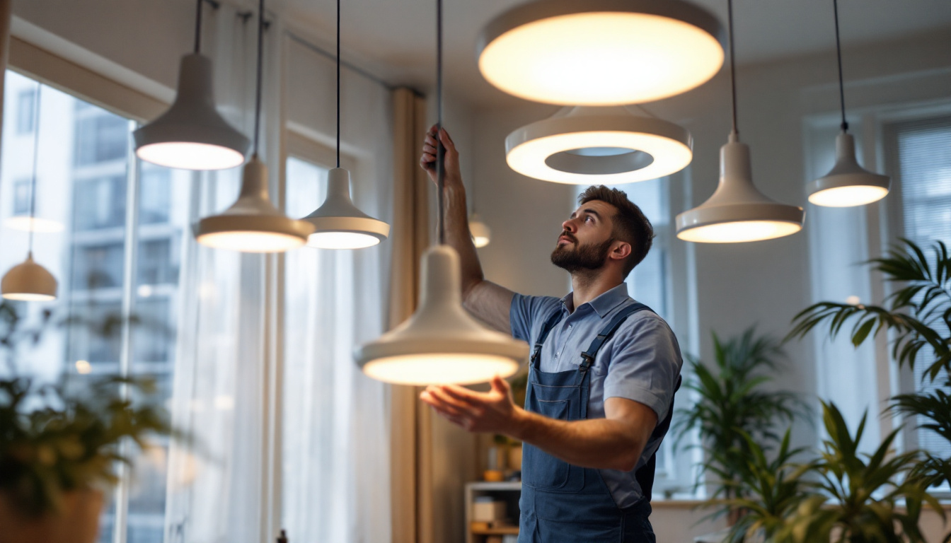 A photograph of a modern lighting contractor installing or showcasing an array of stylish ufo led lamps in a well-lit residential or commercial space