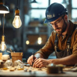 A photograph of a skilled lighting contractor at work