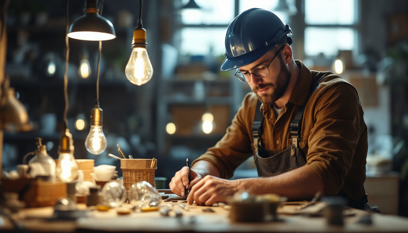 A photograph of a skilled lighting contractor at work