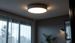 A photograph of a modern round led ceiling light installed in a stylish interior setting