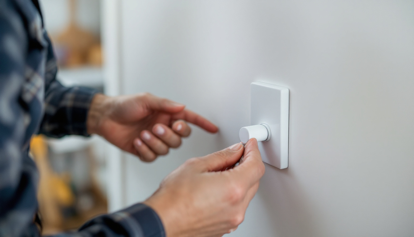 A photograph of a skilled lighting contractor installing a movement light switch in a modern home