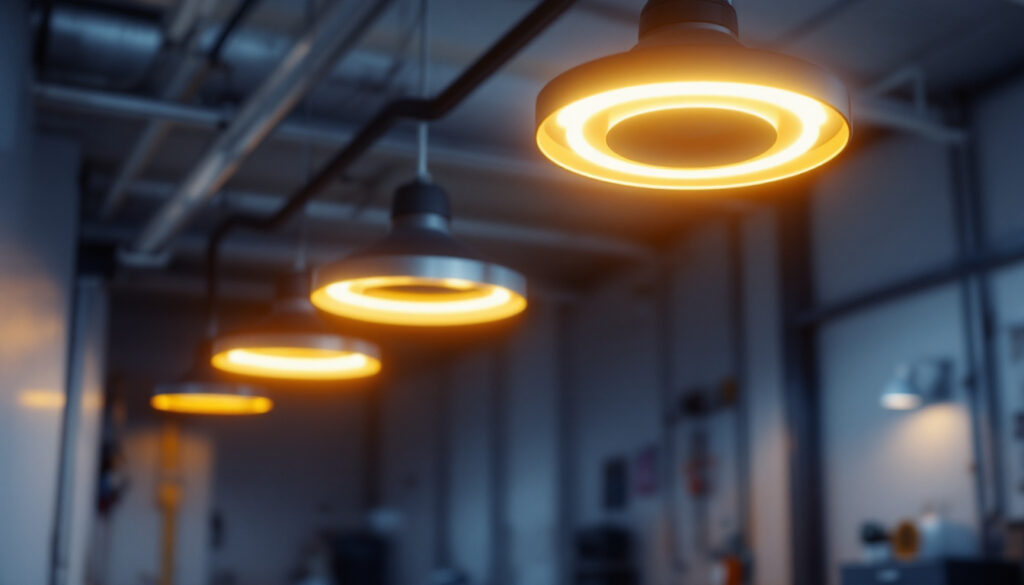 A photograph of a modern garage interior showcasing sleek led fixtures illuminating the space