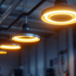 A photograph of a modern garage interior showcasing sleek led fixtures illuminating the space