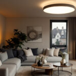 A photograph of capture a photograph of the maxim 7.5 led flush mount 57643 installed in a stylish room setting