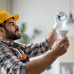 A photograph of a skilled lighting contractor installing or inspecting a gu24 bulb in a well-lit residential or commercial space