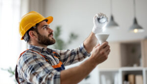 A photograph of a skilled lighting contractor installing or inspecting a gu24 bulb in a well-lit residential or commercial space