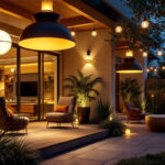 A photograph of a beautifully designed outdoor space illuminated by large hanging lights