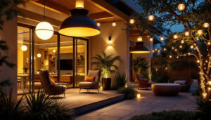 A photograph of a beautifully designed outdoor space illuminated by large hanging lights