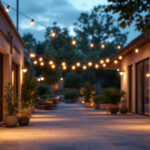 A photograph of a beautifully lit outdoor space showcasing various stylish light fixtures