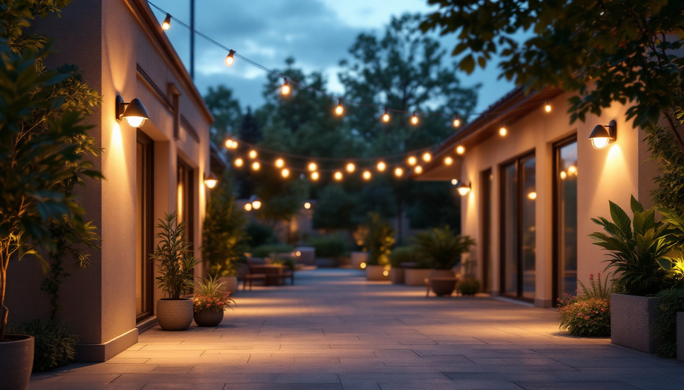 A photograph of a beautifully lit outdoor space showcasing various stylish light fixtures