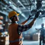 A photograph of a warehouse setting where a lighting contractor is actively installing or demonstrating a high-efficiency fan