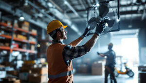 A photograph of a warehouse setting where a lighting contractor is actively installing or demonstrating a high-efficiency fan