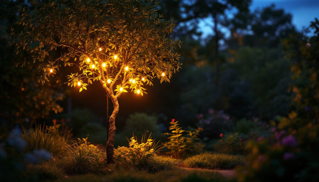 A photograph of a beautifully illuminated solar tree spotlight in a garden setting at dusk