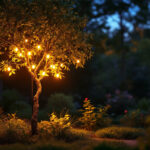A photograph of a beautifully illuminated solar tree spotlight in a garden setting at dusk