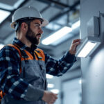 A photograph of a lighting contractor installing or testing a sleek