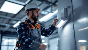 A photograph of a lighting contractor installing or testing a sleek