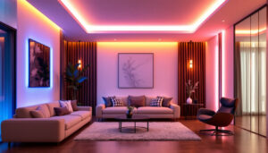 A photograph of a beautifully designed room with led strip lights elegantly installed along the ceiling