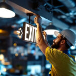 A photograph of a skilled lighting contractor expertly installing or adjusting a stylish exit sign in a well-lit commercial space