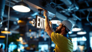 A photograph of a skilled lighting contractor expertly installing or adjusting a stylish exit sign in a well-lit commercial space
