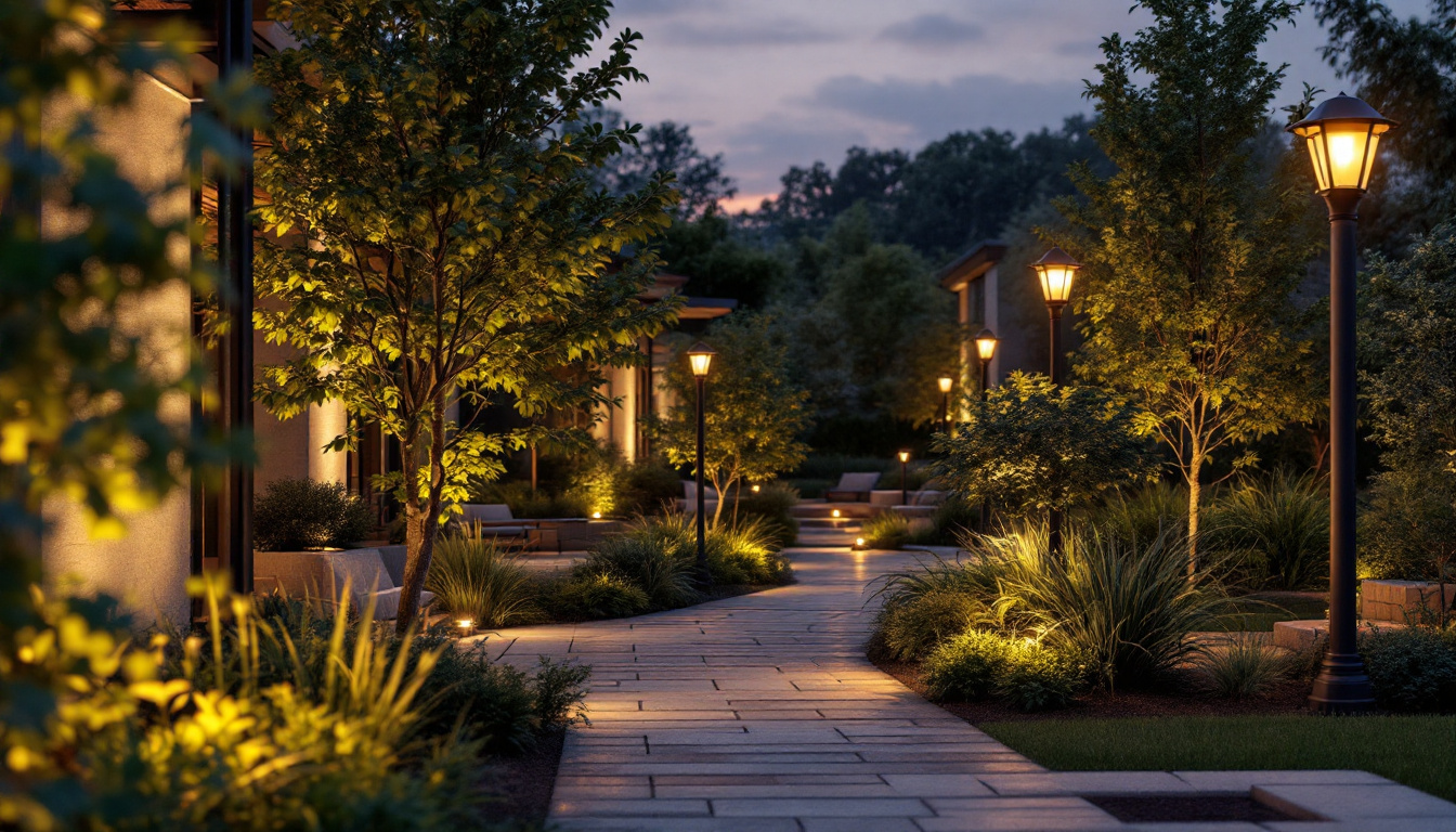 A photograph of a beautifully illuminated outdoor space featuring various styles of post lighting