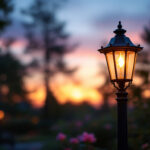 A photograph of a beautifully illuminated outdoor lamp post in a well-designed garden setting during twilight