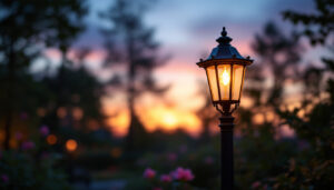 A photograph of a beautifully illuminated outdoor lamp post in a well-designed garden setting during twilight