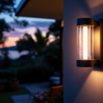 A photograph of a beautifully designed outdoor led wall lantern illuminating a cozy patio or entranceway at dusk