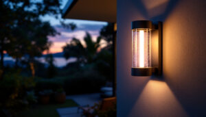 A photograph of a beautifully designed outdoor led wall lantern illuminating a cozy patio or entranceway at dusk