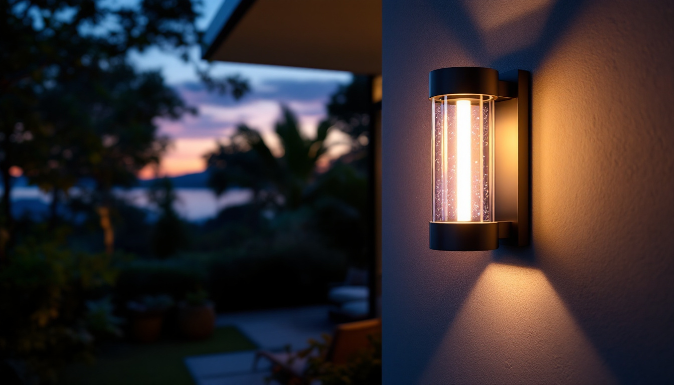 A photograph of a beautifully designed outdoor led wall lantern illuminating a cozy patio or entranceway at dusk
