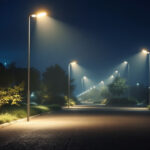 A photograph of a well-lit outdoor space showcasing various flood light installations in action