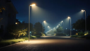 A photograph of a well-lit outdoor space showcasing various flood light installations in action