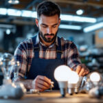 A photograph of a lighting contractor inspecting a variety of t8 light bulbs in a well-lit workspace