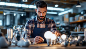 A photograph of a lighting contractor inspecting a variety of t8 light bulbs in a well-lit workspace