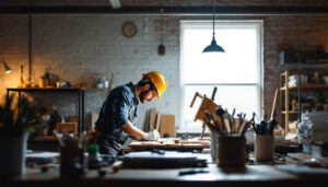 A photograph of a well-lit workspace featuring a 4-foot shop light in action