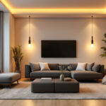 A photograph of a beautifully designed living space featuring recessed lighting with led light bulbs