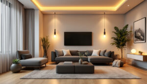 A photograph of a beautifully designed living space featuring recessed lighting with led light bulbs