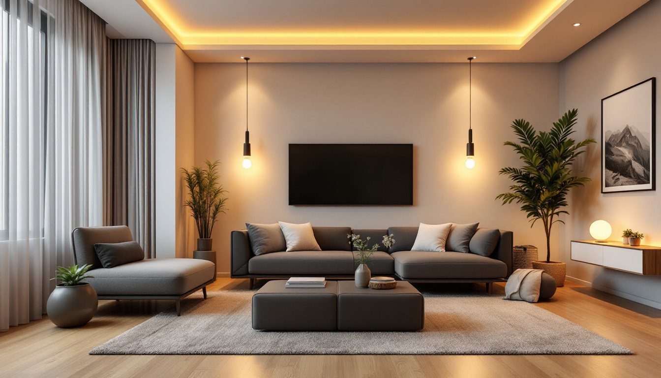 A photograph of a beautifully designed living space featuring recessed lighting with led light bulbs