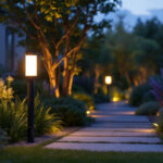 A photograph of a sleek and modern rab 120 volt garden lighting fixture installed in a beautifully landscaped garden at dusk