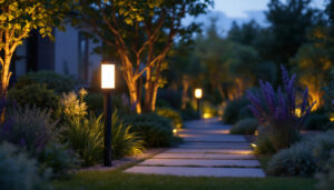 A photograph of a sleek and modern rab 120 volt garden lighting fixture installed in a beautifully landscaped garden at dusk