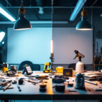 A photograph of a side-by-side comparison of led lighting and fluorescent tubes in a well-lit workspace