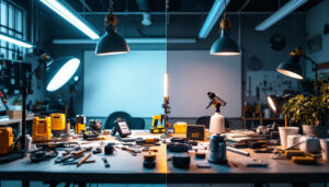 A photograph of a side-by-side comparison of led lighting and fluorescent tubes in a well-lit workspace