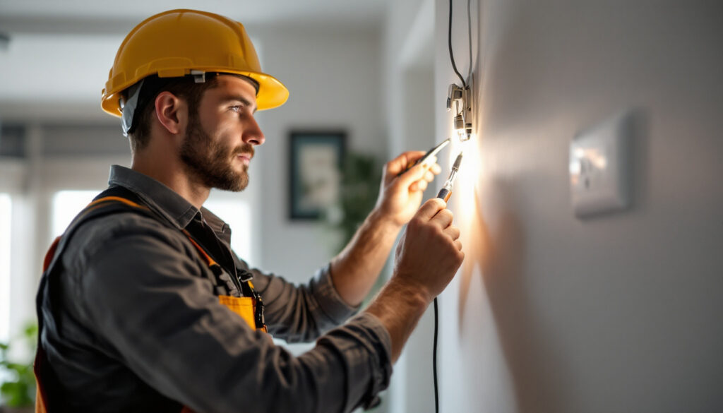 A photograph of a skilled lighting contractor installing or inspecting an electric wall socket in a modern home setting