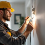 A photograph of a skilled lighting contractor installing or inspecting an electric wall socket in a modern home setting