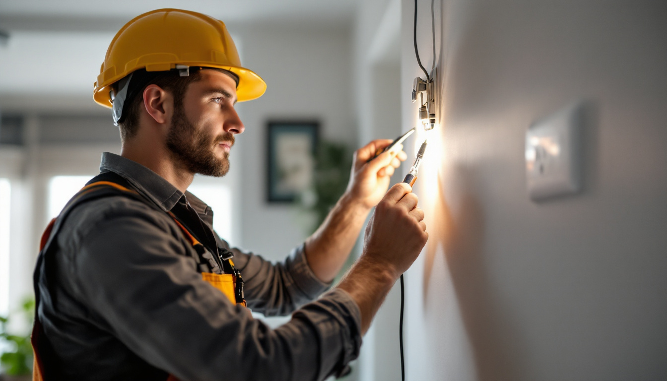 A photograph of a skilled lighting contractor installing or inspecting an electric wall socket in a modern home setting