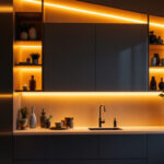 A photograph of a stylishly designed cabinet illuminated by warm led lights
