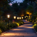 A photograph of a beautifully landscaped pathway illuminated by glowing solar-powered path lights at dusk
