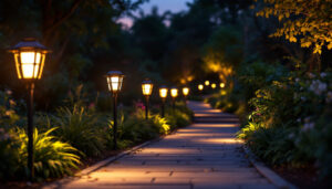 A photograph of a beautifully landscaped pathway illuminated by glowing solar-powered path lights at dusk