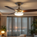A photograph of a stylish ceiling fan with an integrated light kit installed in a beautifully designed living space